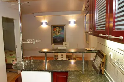 a kitchen with a counter top in a room at Belgrade Republic Square Apartment in Belgrade