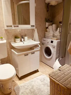a bathroom with a sink and a washing machine at Vanja in Čukarica