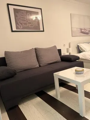 a living room with a black couch and a table at Lana apartman in Belgrade