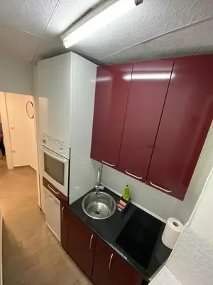a small kitchen with a sink and red cabinets at Lana apartman in Belgrade
