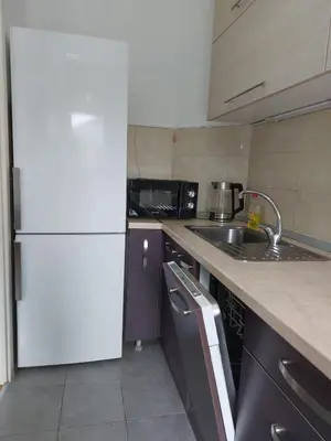a kitchen with a white refrigerator and a sink at Apartman AMORE Belvil in Novi Beograd