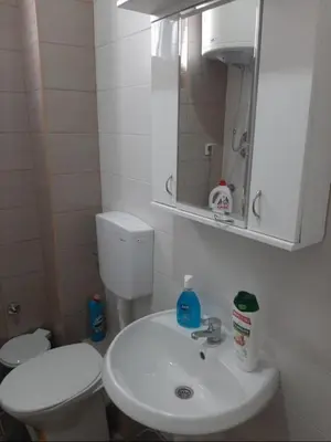 a bathroom with a sink and a toilet and a mirror at TPC 9 in Žarkovo