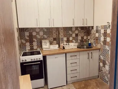 a small kitchen with a stove and a sink at Cozy Trg in Lazarevac