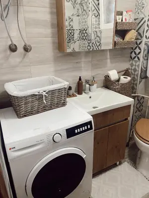 a kitchen with a washing machine and a sink at Cozy Trg in Lazarevac