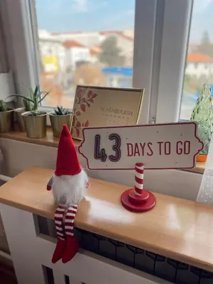 a santa claus toy sitting on a counter with a sign at Cozy Trg in Lazarevac