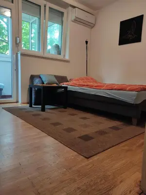 a bedroom with a bed and a couch in a room at Quiet city center oasis - In the shade of walnut in Belgrade