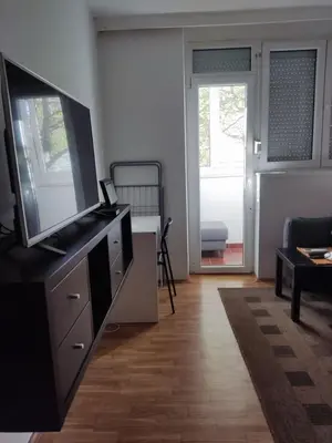 a living room with a flat screen tv and a couch at Quiet city center oasis - In the shade of walnut in Belgrade