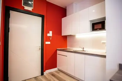 a kitchen with white cabinets and a red wall at Coral Studio in Batajnica