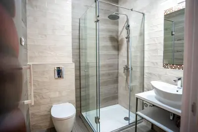 a bathroom with a shower and a toilet and a sink at Coral Studio in Batajnica
