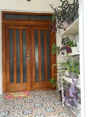 a wooden door with plants and a tile floor at Apartman Ema in Ruma