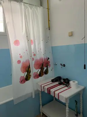 a bathroom with a shower curtain and a sink at Apartman Ema in Ruma