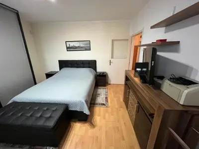 a bedroom with a bed and a couch and a television at Sara in Zvezdara