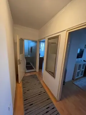 a room with a hallway with two doors and a rug at Sara in Zvezdara