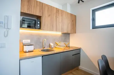 a kitchen with a sink and a microwave at The boy next door apartment in Batajnica