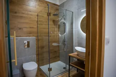 a bathroom with a shower and a toilet and a sink at The boy next door apartment in Batajnica