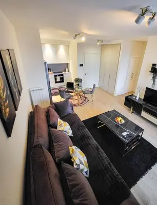 a living room with a couch and a table at Belgrade Waterfront - Beograd na vodi Lux Apartman in Belgrade