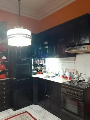 a kitchen with black cabinets and a sink at VILA SREM in Ruma