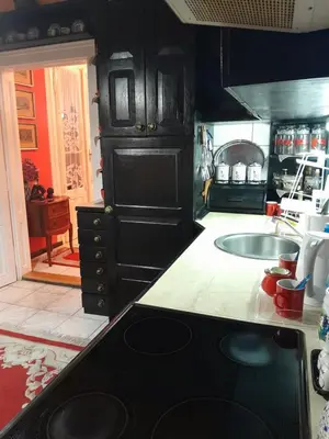 a kitchen with black cabinets and a sink at VILA SREM in Ruma