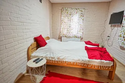 a bedroom with a bed with red pillows and a window at Zmaj Ognjeni Etno Concept in Kupinovo