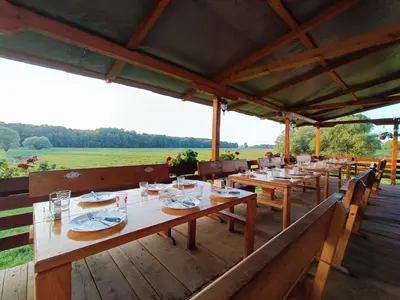 a restaurant with wooden tables and chairs on a deck at Zmaj Ognjeni Etno Concept in Kupinovo