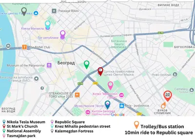 a map of theanooga subway station and its attractions at Serene Bulbuder Suite in Belgrade