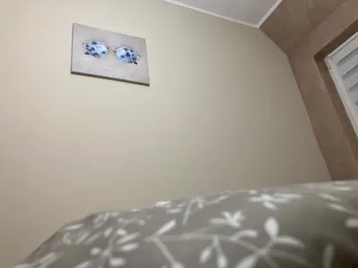 a picture hanging on a wall next to a bed at Apartman Jany in Kijevo