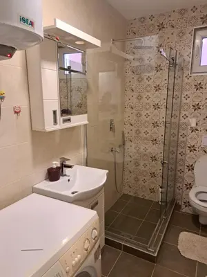 a bathroom with a shower and a sink and a toilet at Apartman Sara 2 in Novi Grad
