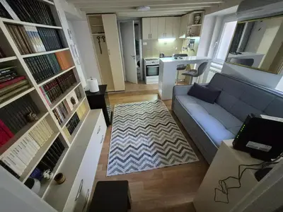 a living room with a blue couch and a rug at River Walk 2 in Sajmište