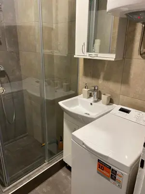 a bathroom with a shower and a toilet and a sink at Apartman Pupin in Belgrade
