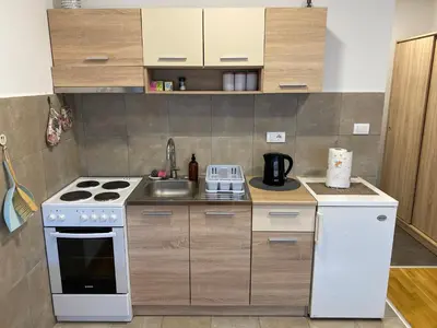 a small kitchen with a stove and a sink at Apartman Pupin in Belgrade
