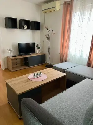 a living room with a couch and a coffee table at Apartman Flora in Novi Grad