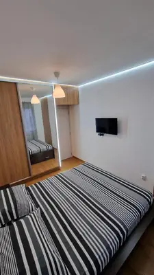 a bedroom with a large bed and a mirror at Porodicno-poslovni udoban stan in Vračar (historical)