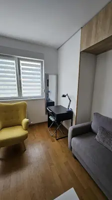 a living room with a couch and a chair and a desk at Porodicno-poslovni udoban stan in Vračar (historical)
