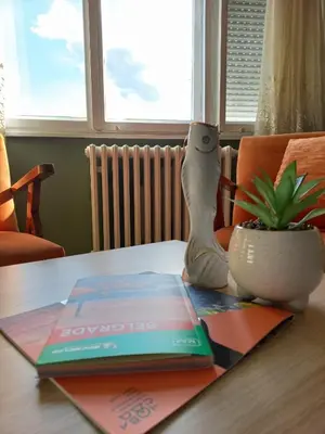 a book sitting on top of a table with a plant at Apartman Central Place in Belgrade