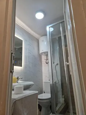 a bathroom with a toilet and a sink and a shower at LUX BANOVO BRDO apartman in Belgrade