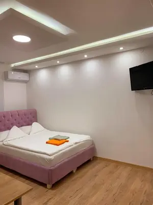 a bedroom with a bed and a tv on a wall at LUX BANOVO BRDO apartman in Belgrade