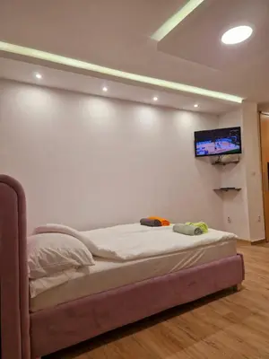 a bed in a room with a tv on a wall at LUX BANOVO BRDO apartman in Belgrade