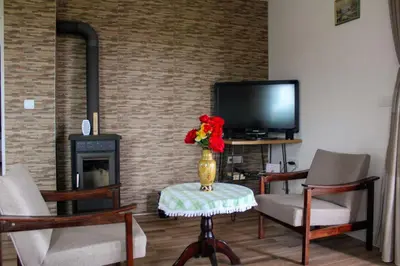 a living room with a vase of flowers on a table at Villa Sladjana in Mladenovac
