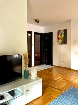 a living room with a large flat screen tv at AmazingMemories3 in Belgrade