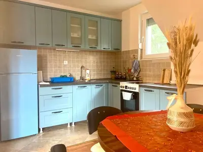 a kitchen with blue cabinets and a table with a vase at AmazingMemories3 in Belgrade