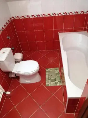 a red tiled bathroom with a toilet and a bath tub at Apartments Bella Mare Belgrade in Belgrade