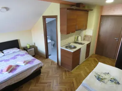 a small room with a bed and a sink at Apartments Bella Mare Belgrade in Belgrade