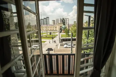 a view of a city from a window at All in Hostel in Belgrade