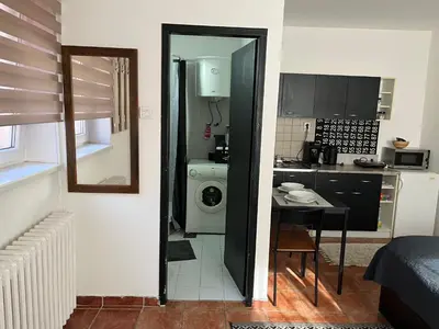 a room with a kitchen and a table with a washing machine at Studio Vracar in Belgrade