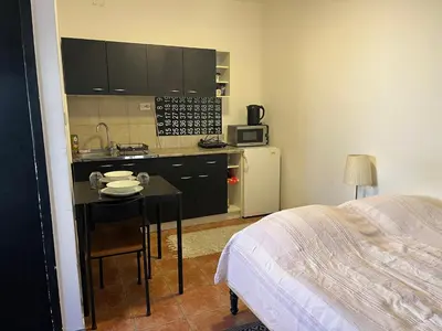 a small kitchen with a table and a bed in a room at Studio Vracar in Belgrade