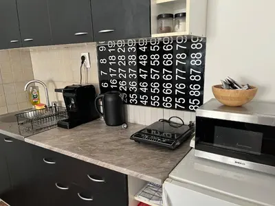 a kitchen with a counter top with a microwave at Studio Vracar in Belgrade