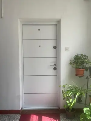 a white garage door in a room with plants at Novi Beograd Dr.Agostina Neta in Novi Beograd