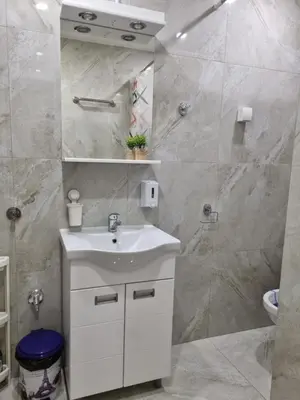 a bathroom with a white sink and a shower at Apartman DoDoLuLu in Belgrade
