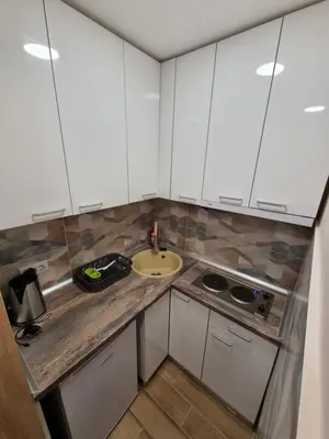 a small kitchen with white cabinets and a sink at Apartman DoDoLuLu in Belgrade