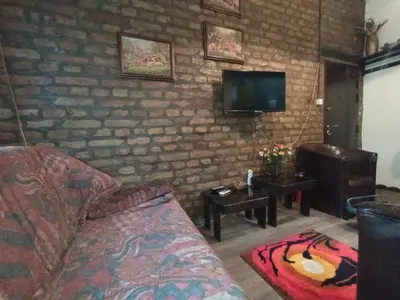 a living room with a couch and a tv on a brick wall at Marmelo in Belgrade